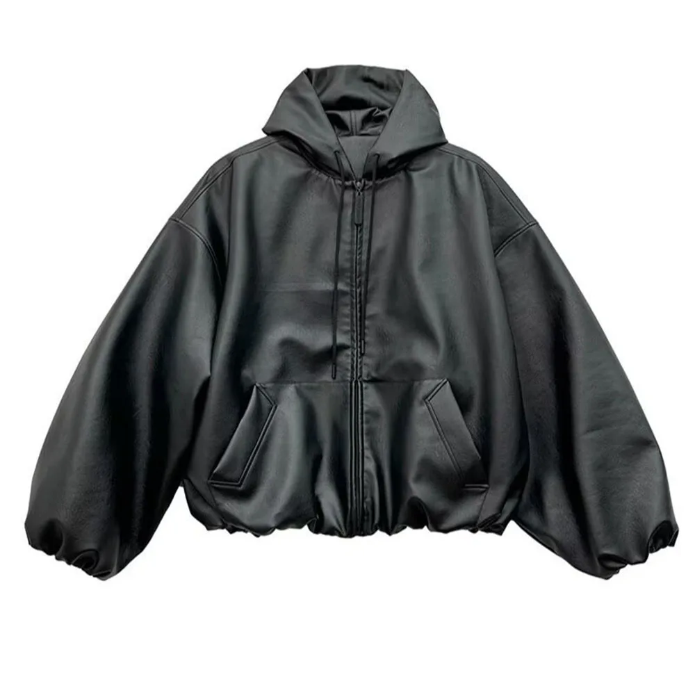High street cor preta couro pu blusão casaco masculino e feminino cleanfit casual solto zíper jaquetas com capuz oversized