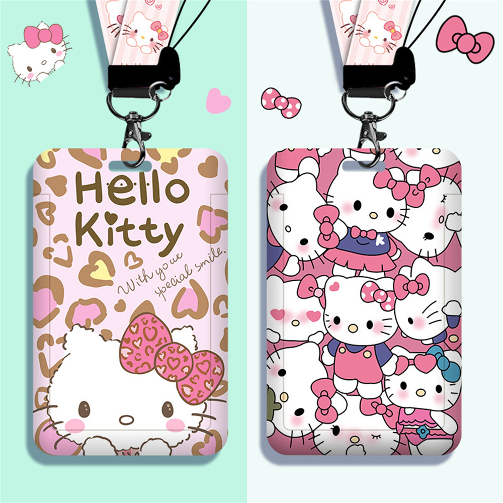 Schattige Sanrio Hello Kitty Cartoon Cosplay Kt Kat Sleutelhanger Werk Bus Kaarthouder Plastic Met Lanyard Student Cadeau Speelgoed