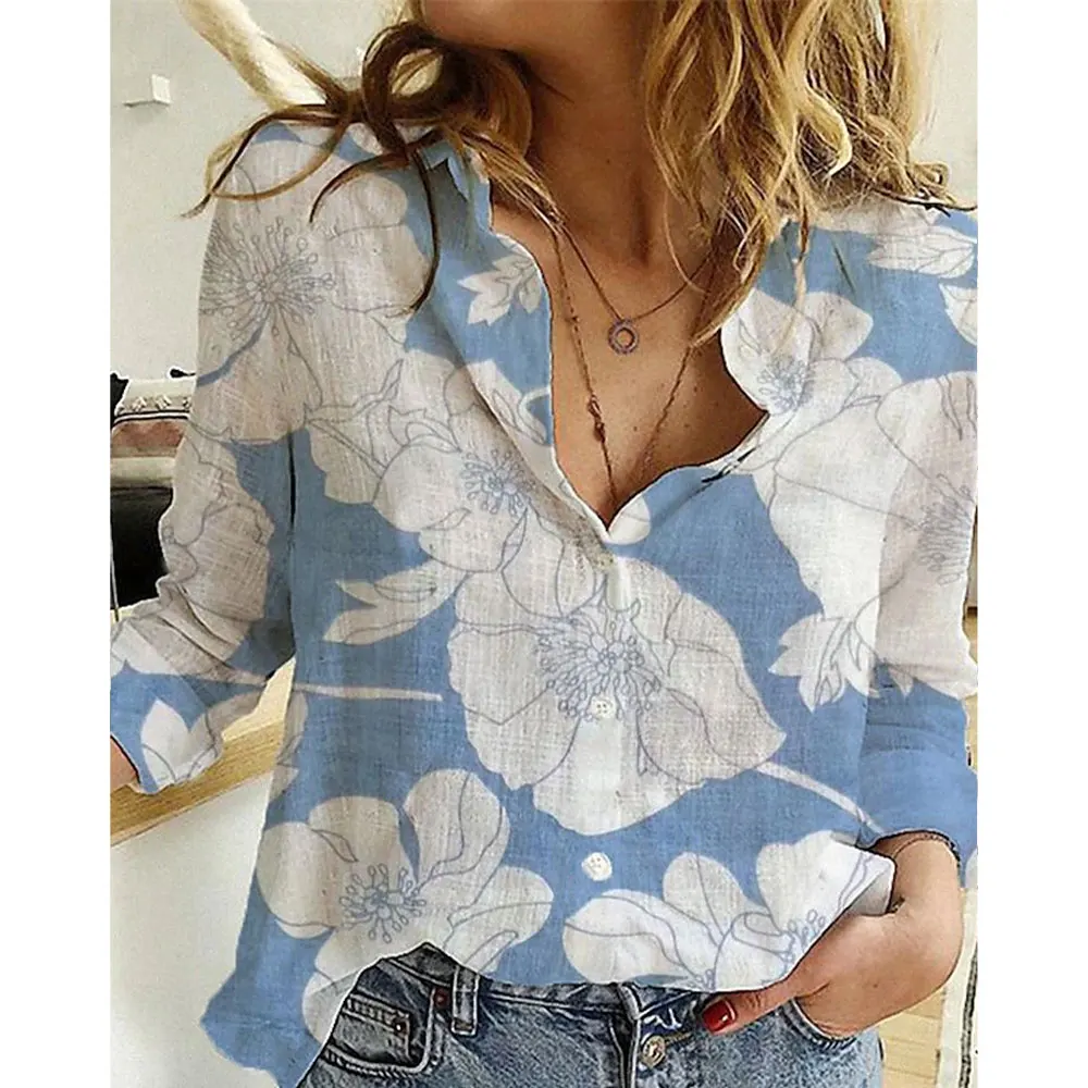 2024 New Elegant Women's Floral Printed Long Sleeve Shirts Spring Basic Lapel Button Down Shirts Breathable Summer Top Plus Size