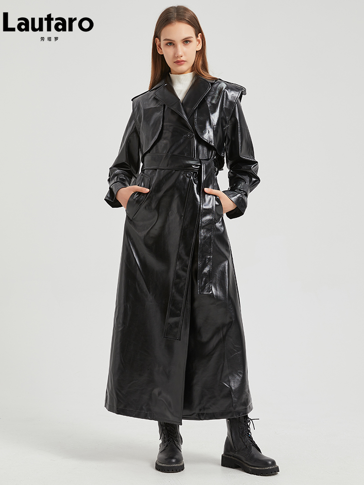 Lautaro-gabardina Extra larga de charol dorado brillante para mujer, abrigo de diseñador de lujo con una hilera de botones, otoño 2024