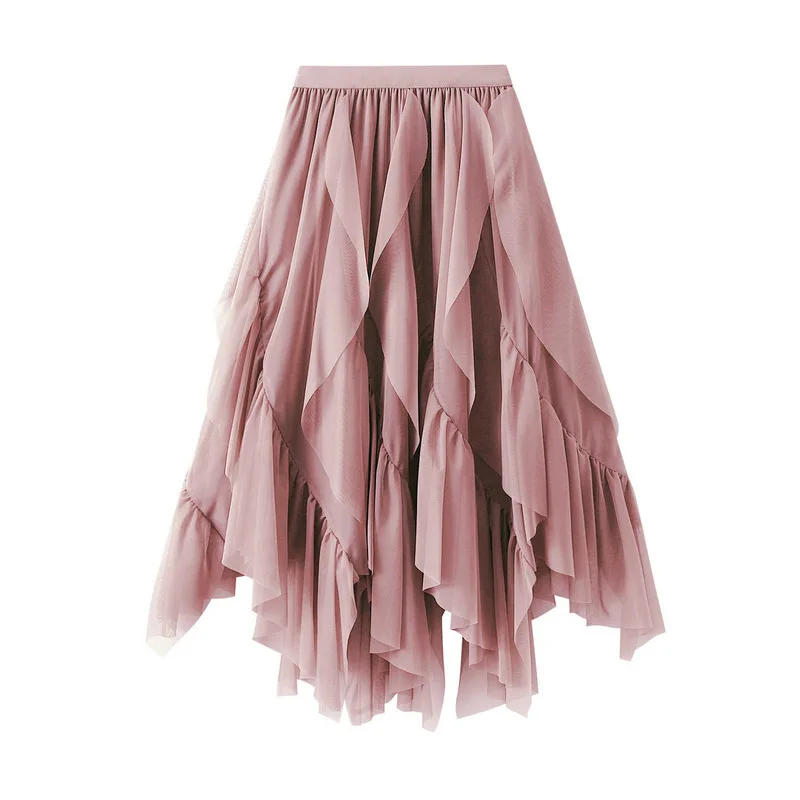 Falda Midi informal holgada de malla con volantes, faldas de verano para mujer, nueva falda ajustada elástica de cintura alta con forro de malla lisa, ropa para mujer
