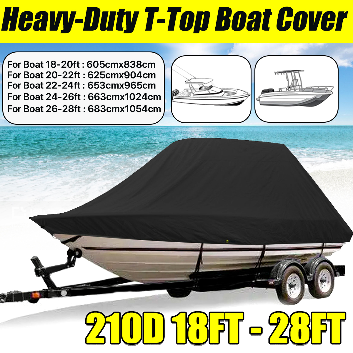 Capa de barco jumbo cruiser, 18-28 pés, 210d, resistente, oceano, água marinha, à prova de sol, proteção uv, peixe-ski, vshull, amarração