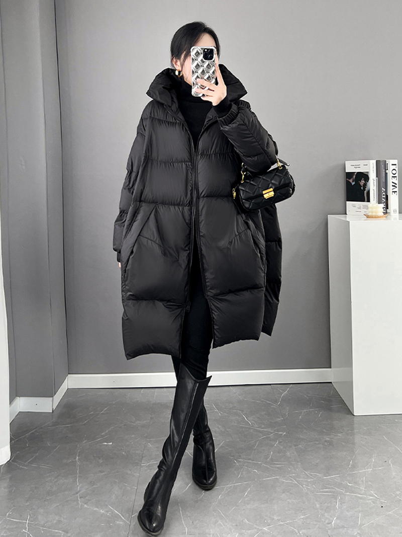 Preto branco com capuz jaqueta para mulheres inverno oversized grosso quente bolsos puffer casaco senhora penas longas outwear inkeo 3o129