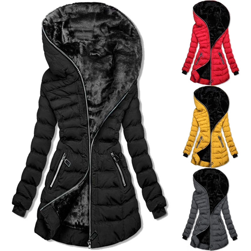 Winterkleding met katoenen vulling Dames met capuchon Warm fluweel Katoenen gewatteerde kleding Middellange en lange jassen Zwarte katoenen gewatteerde jassen