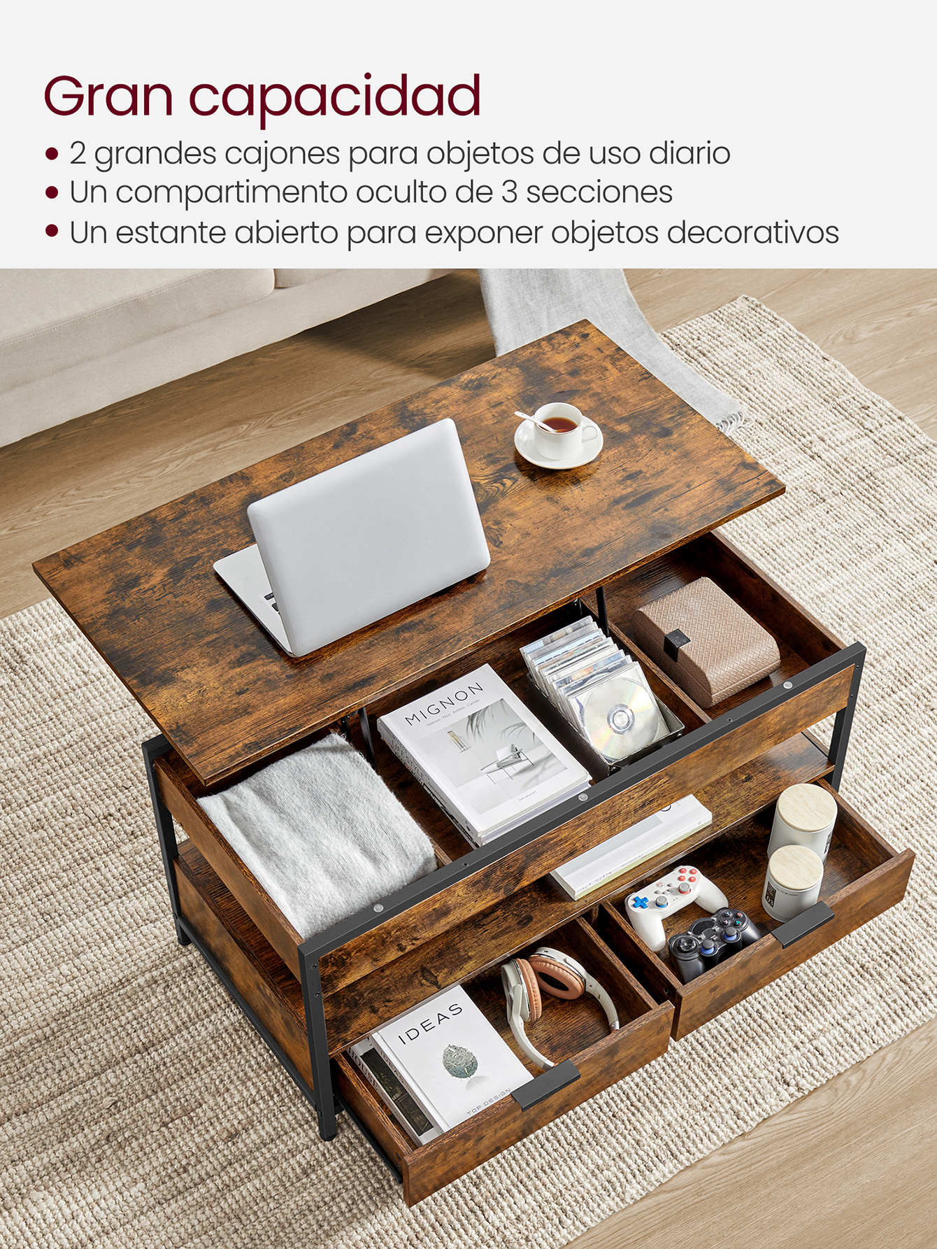 Mesa de centro elevable VASAGLE: cajones de almacenamiento, compartimentos ocultos, estante abierto. Gris carbón/tinta negra. Ideal para la sala de estar.