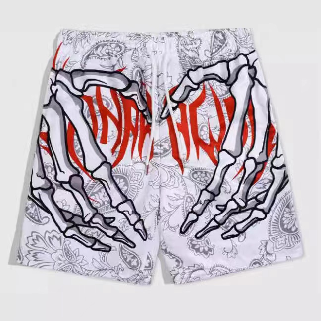 Pantalones cortos de secado rápido con estampado de elemento de mano de esqueleto de verano para hombre, pantalones cortos deportivos transpirables a la moda de verano para hombre, pantalones cortos cómodos de tendencia