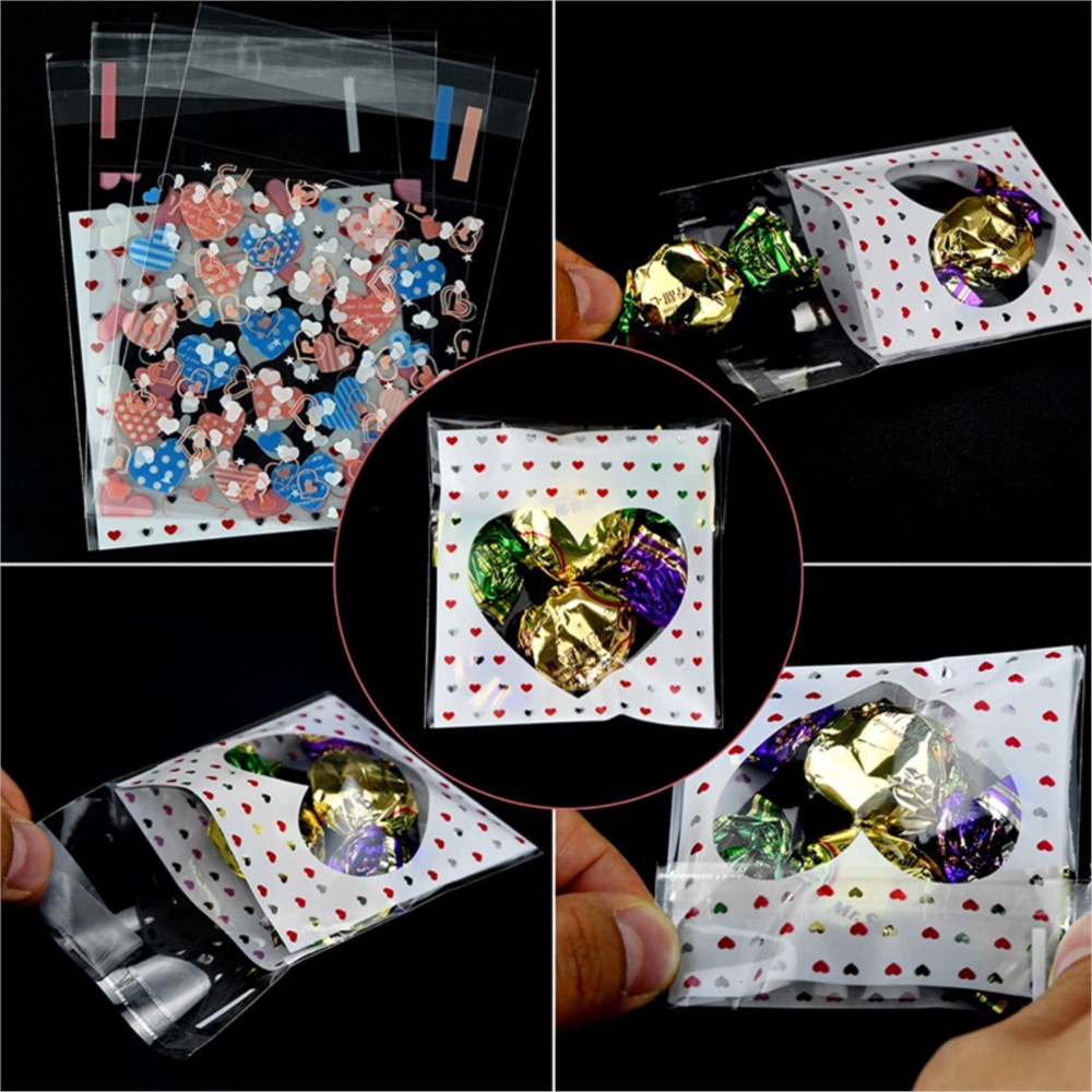 100Pcs 7x7/10x10cm Heart Clear Candy Bag Transparent Self Adhesive Plastic Bag Birthday Party Deco Gift Packaging Pouch Supplies