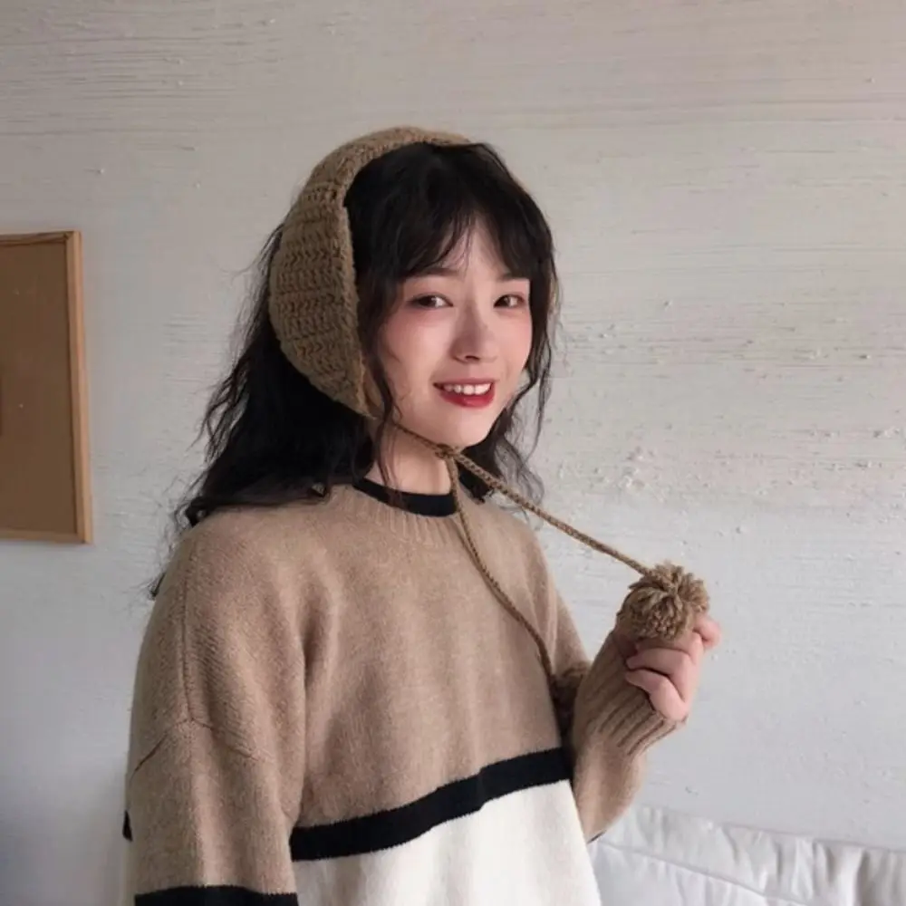수제 Y2k 플러시 귀마개 두꺼운 솔리드 컬러 JK 니트 귀고리 타고 부드러운 따뜻한 겨울 귀 커버 소녀