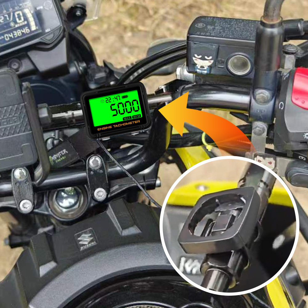 Tacômetro de indução com clipe de jacaré, medidor de relógio, medidor de hora do motor, alerta rpm, retroiluminado, reajustável, tacho