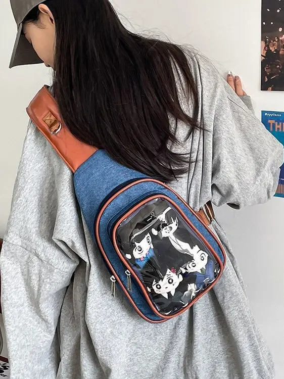 Bolsa de Peito Estilo Japonês para Meninas, Pequena e Transparente, Bolsa de Nylon com F de Zíper
