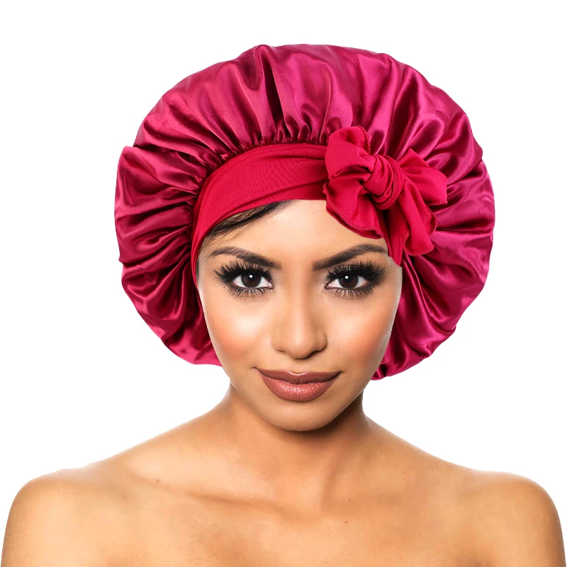 Nuevo Gorro de dormir liso de satén para mujer, gorros sedosos con bandas para atar, gorro de ducha elástico, gorro ajustable para gorros de pelo rizado