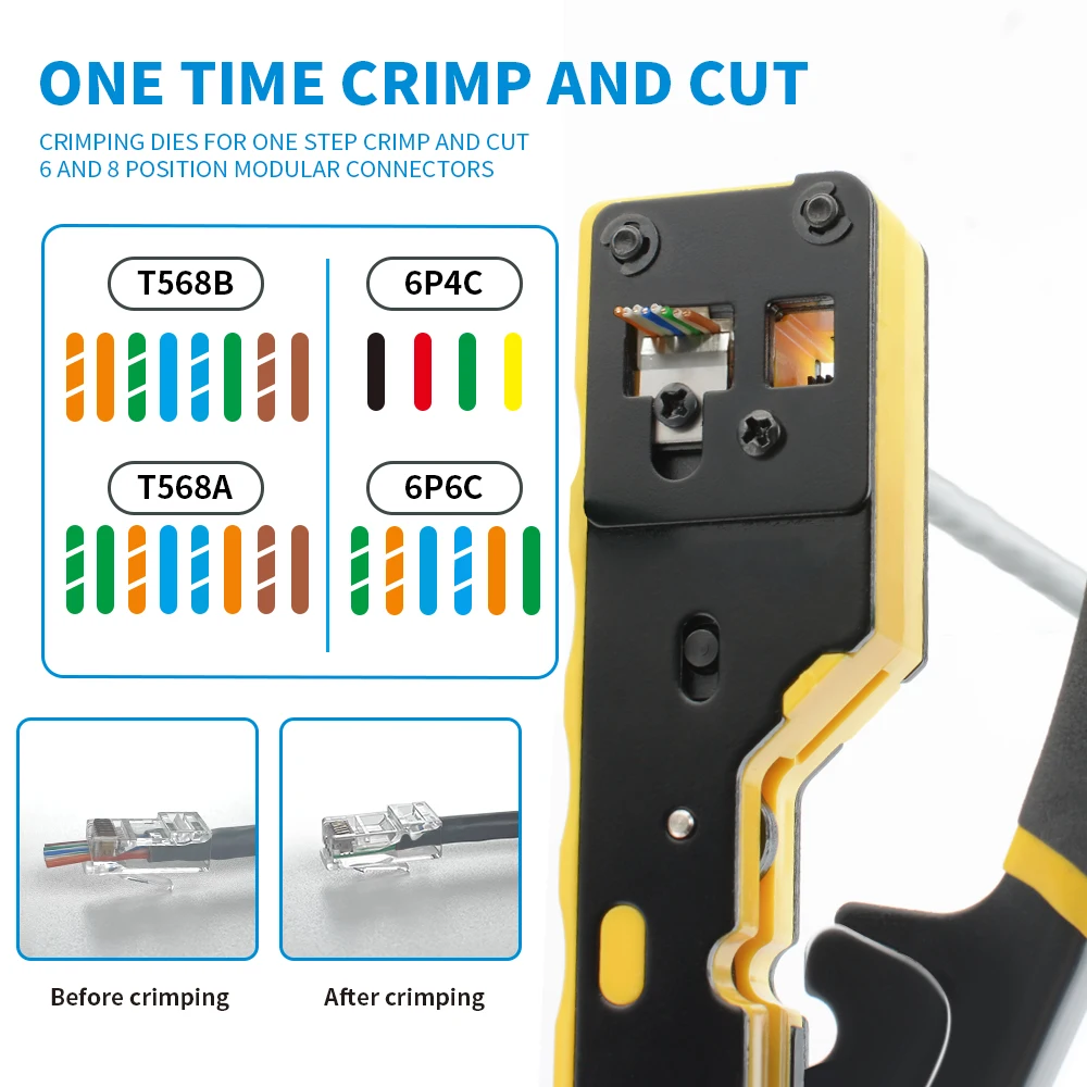 EASY-Type RJ45 Network Crimper - 3-in-1 Crimp/Cut/Strip Lan CAT6A/6/5E (STP/UTP) & RJ11/12 Tel Modular Cable
