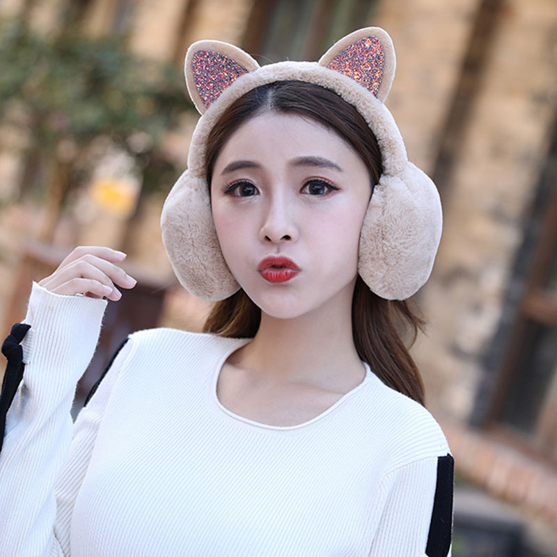 Orejeras encantadoras de piel para mujer y niña, orejeras bonitas para invierno, orejeras de gato, orejeras con lentejuelas brillantes, auriculares de felpa suaves, diadema cálida