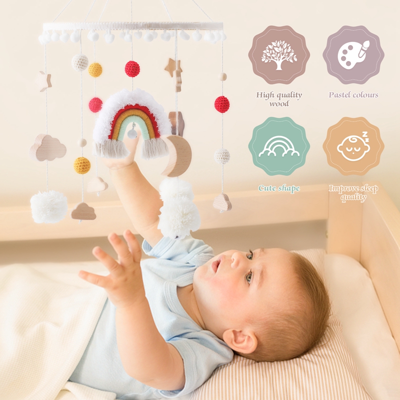 Cloche de lit mobile CPull en bois pour bébé, jouets hochet, feutre doux, nuages arc-en-ciel, clochette de lit, mobile CPull, cadeau pour bébé, 0-12 mois