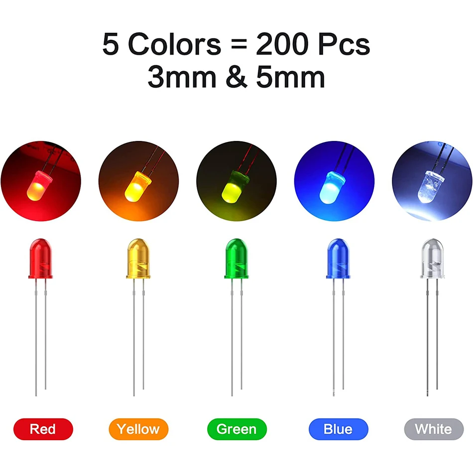 Clear LED Light Emitting Diodos, Lâmpada, Vermelho, Verde, Azul, Amarelo, Branco, Experimento Científico, 3mm, 5mm, 200 Pcs