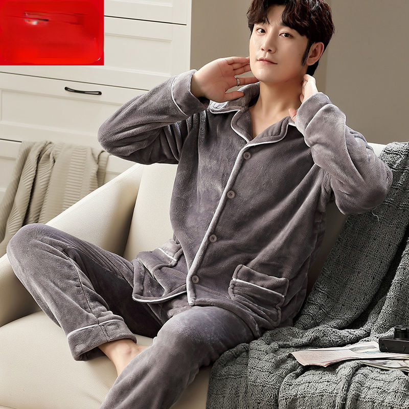 Conjuntos de pijama de flanela masculino inverno espessamento terno quente de manga comprida solto roupas para casa outono cardigan