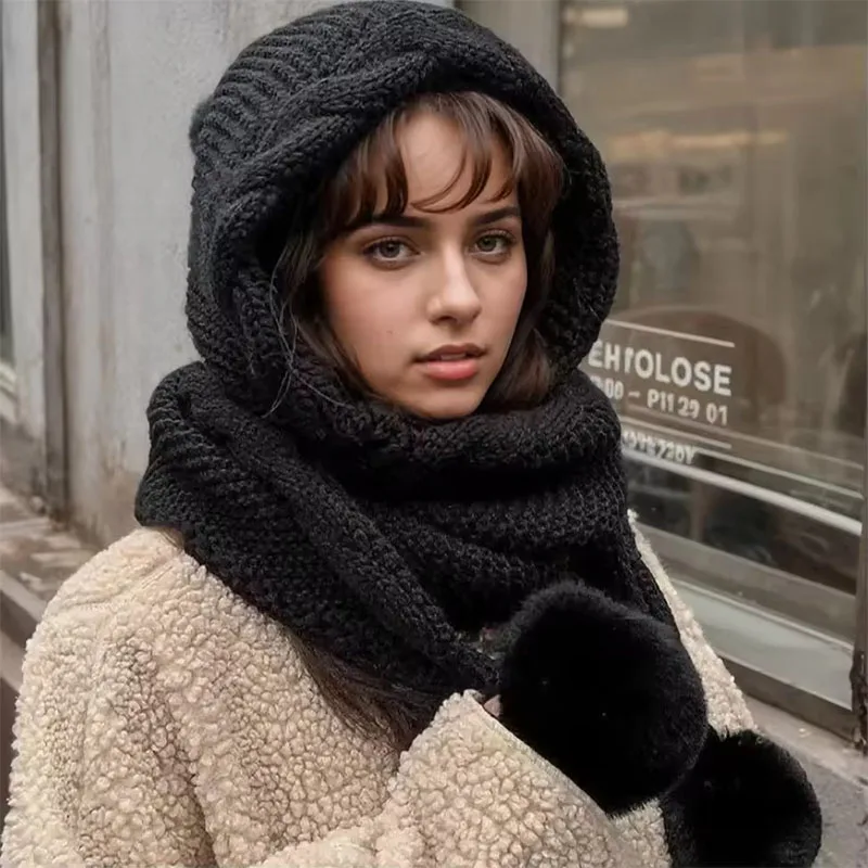 Conjunto de cachecol de chapéu de inverno feminino – gorro e balaclava de lã térmica para chapéu versátil de frio extremo com cachecol anexado chapéu de malha