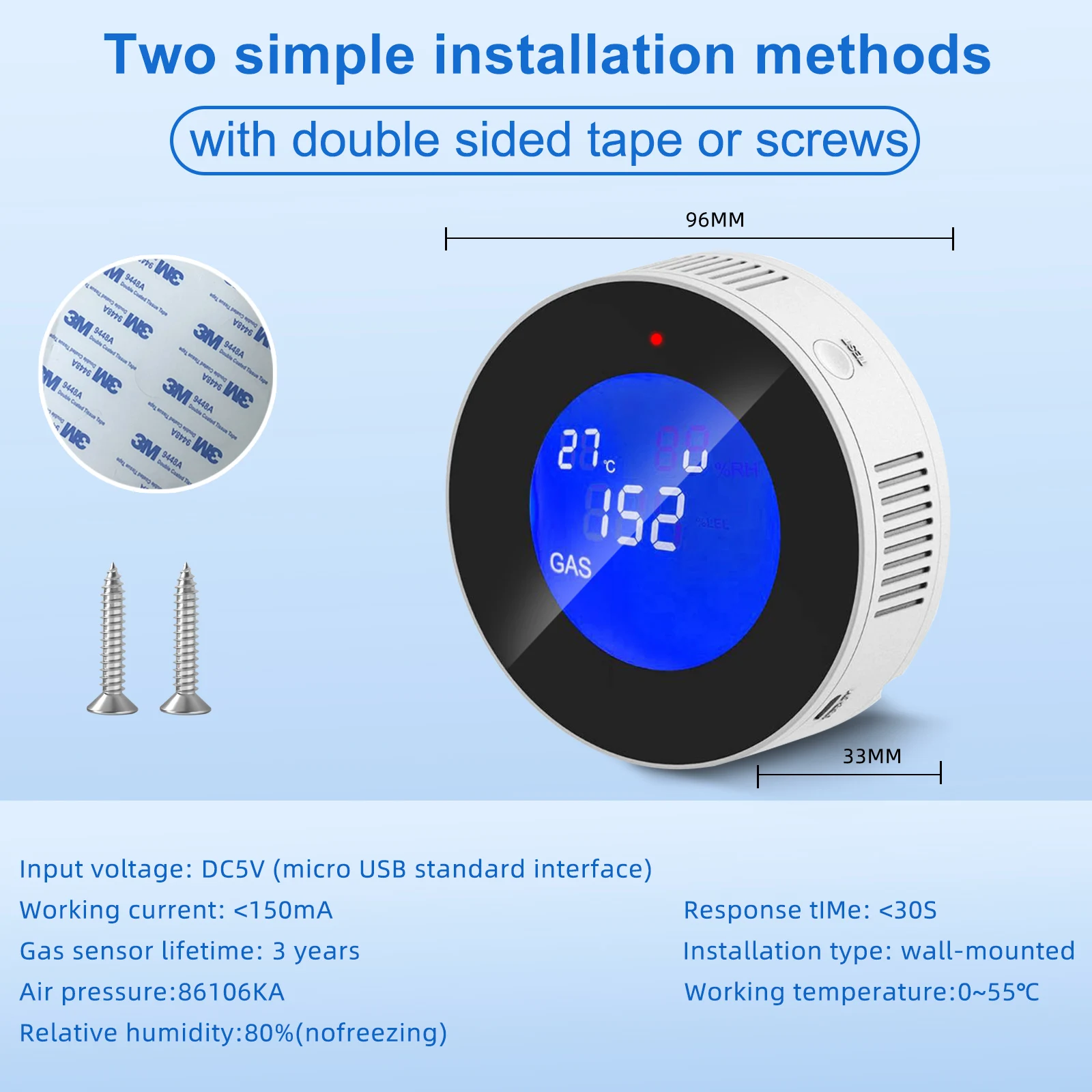 TuyaWiFi Smart Wireless Home Gas Detector with LED Screen Display Gas Leak Alarm