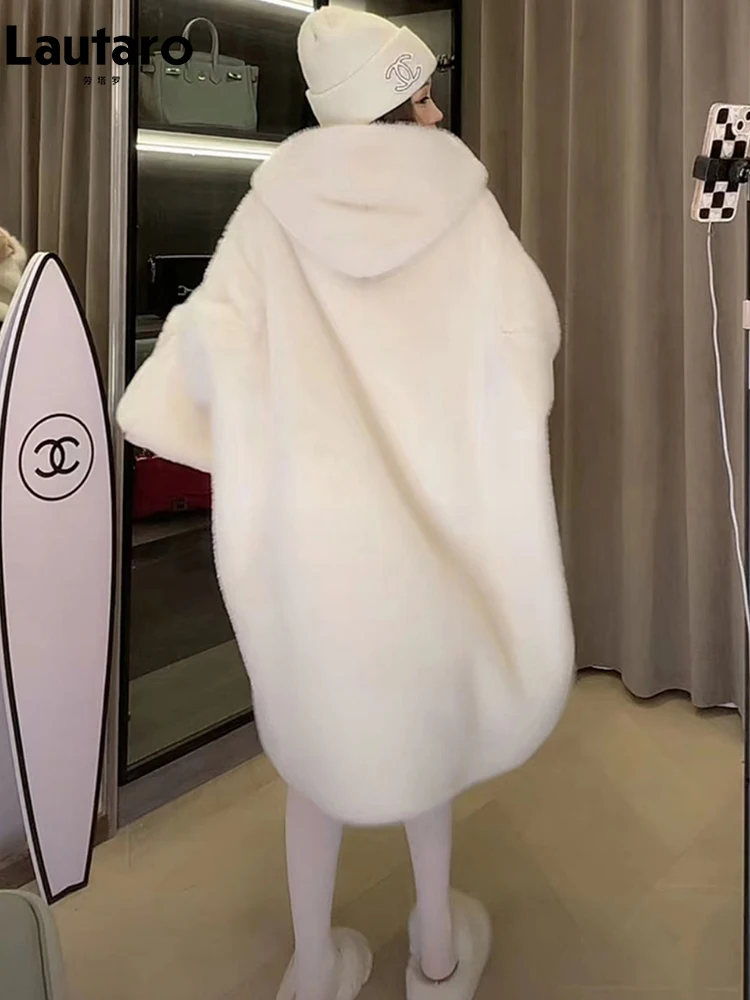Lautaro-abrigo de oso de peluche para mujer, abrigo largo de gran tamaño, blanco, grueso, cálido, con capucha, holgado, informal, moda coreana, invierno, 2023