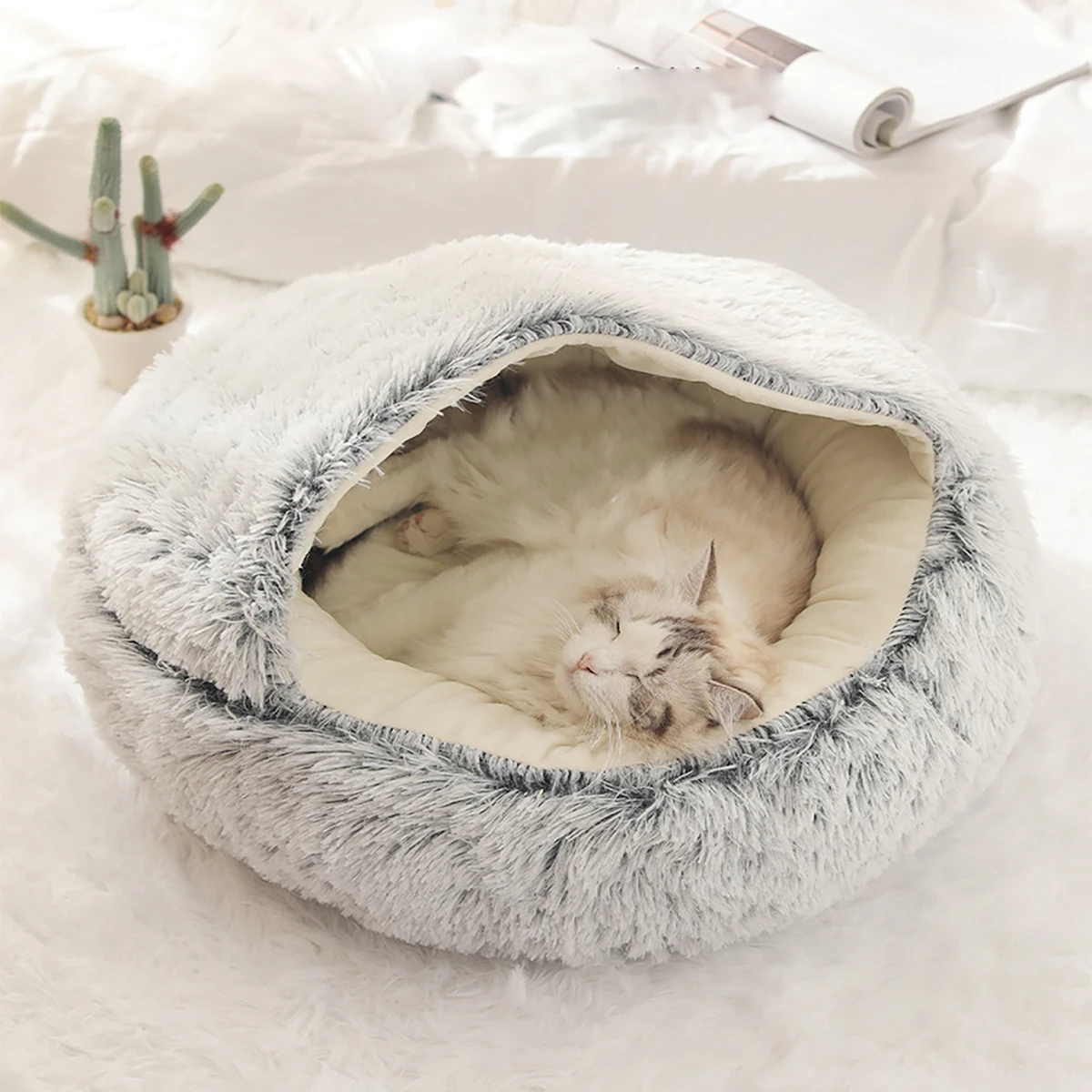 Plüsch-Haustierbett mit Kapuze, rund, flauschig, weich, Katzenbett, Haustierkissen, warm, für Katzen und Hunde, 2-in-1, Schlafnest, Höhle für kleine Hunde