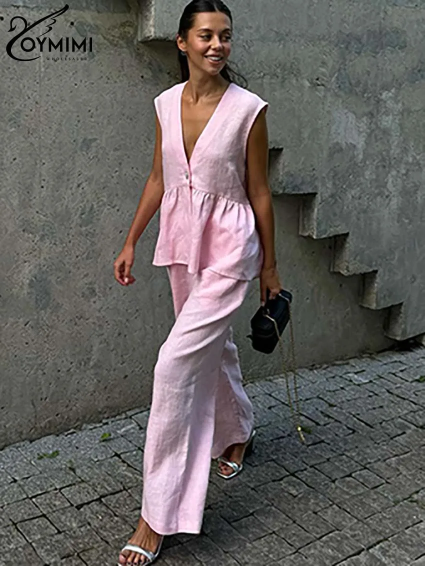 Oymimi Mode Roze Katoenen Sets Dames 2-delige Elegante Diepe V-hals Enkele Knop Shirts En Eenvoudige Rechte Broek Vrouwelijke Sets