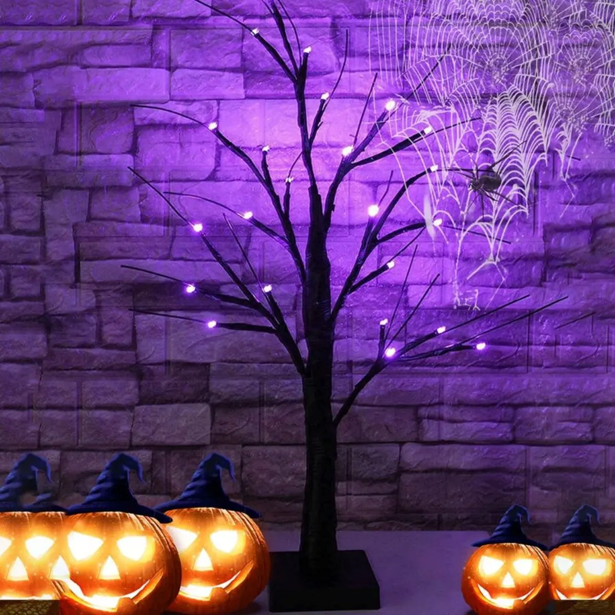 1 PC 24 LED สีส้มและสีม่วง Lighted ฮาโลวีนประดิษฐ์ Birch Tree Light DIY สีดําสาขาไฟโต๊ะฮาโลวีน Spooky