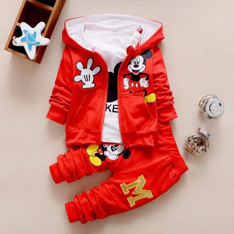 Nuevos productos de primavera y otoño, conjunto de ropa para niños, abrigo con capucha de algodón de Mickey, camiseta y pantalones, conjunto de 3 uds, ropa deportiva informal para niños