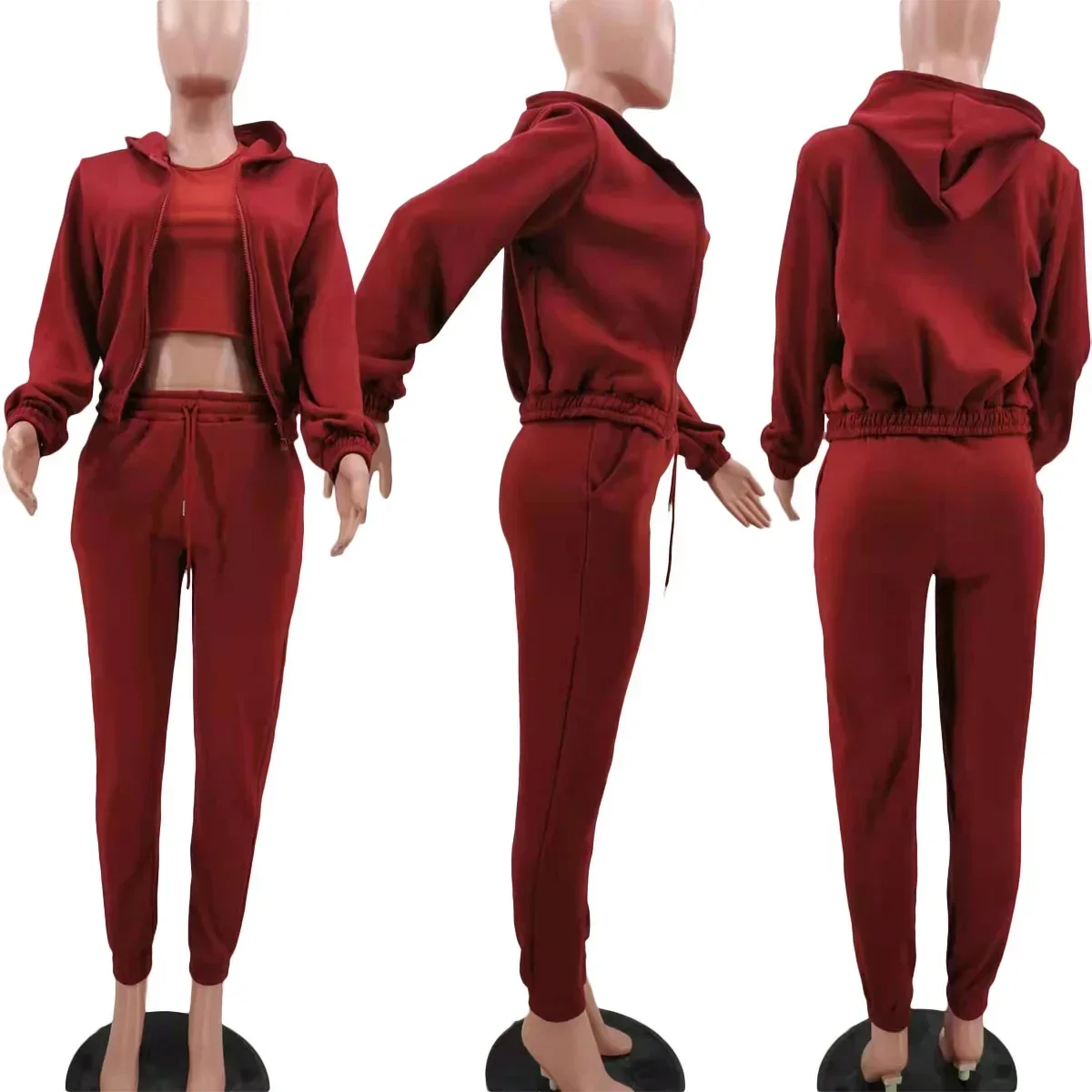 Conjunto de ropa de mujer de 3 piezas, suéter con capucha con forro polar, camiseta sin mangas y pantalones deportivos