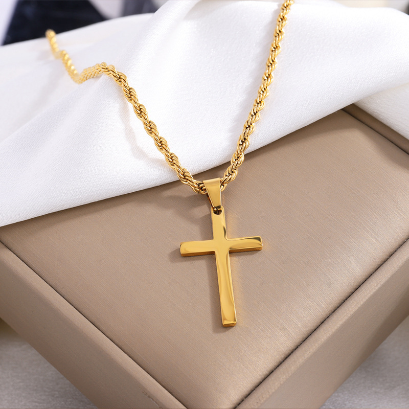 ステンレス鋼クロスペンダントネックレスメンズボーイズ 18K ゴールドメッキシルバーシンプルなツイストチェーンファッショナブルなジュエリービーチパーティー