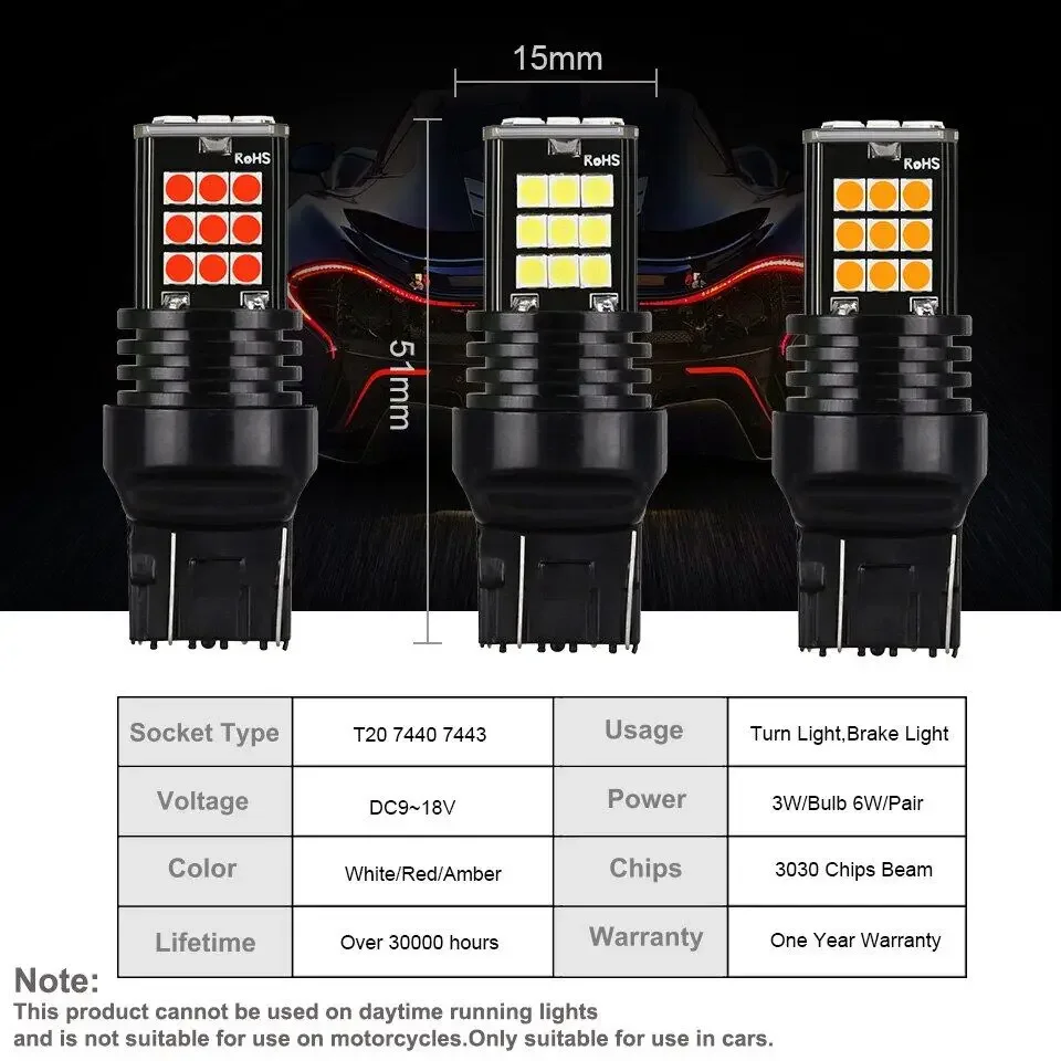 2pcs T20 7334 ไฟเบรค LED ย้อนกลับหลอดไฟ Fit สําหรับ Universal รถ 7440 W21W W21/5W Amber สีแดง 12V
