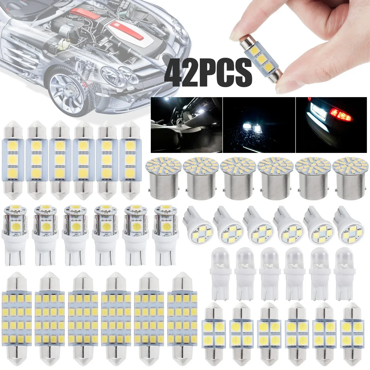 42 pçs led luz interior do carro t10 6000k smd led substituição placa de licença/lettura lâmpadas xenon branco interior lâmpada lâmpadas