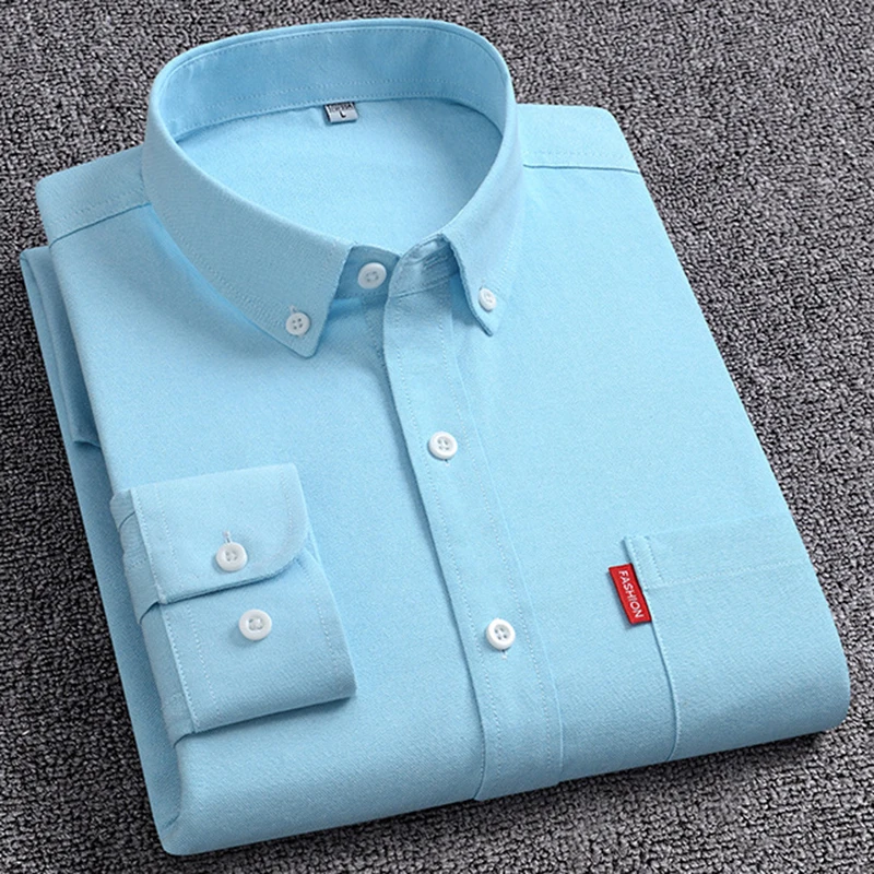 Camisas Oxford de manga larga para hombre, 100% algodón, Color sólido, cuello vuelto, ajuste Regular, ropa diaria para hombre, camisas de fácil cuidado para hombre