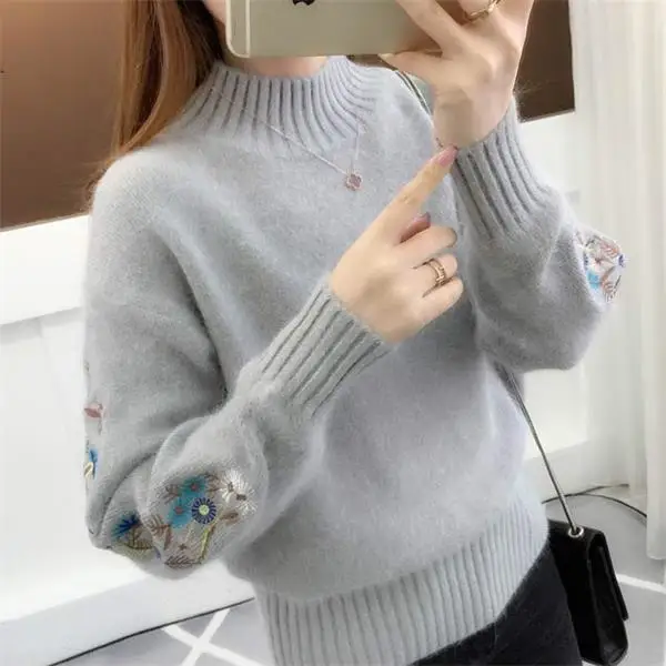 Áo Len Dệt Kim Họa Tiết Thêu Hoa Áo Len Dày Pullovers2023 Thu Đông Mới Dài Tay Turleneck Áo Len