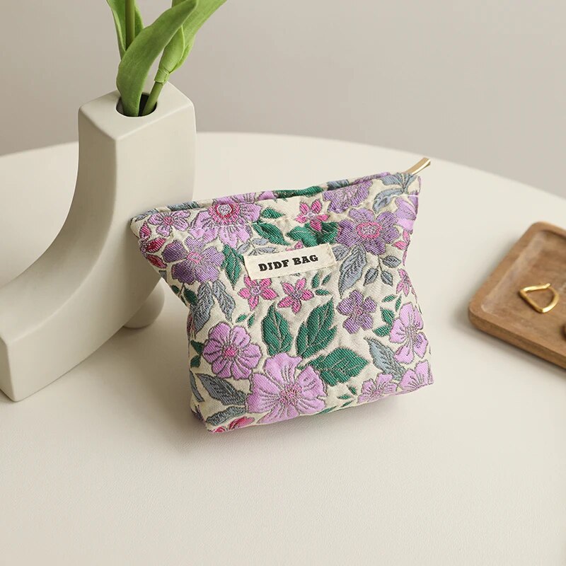 Bolsa de maquiagem de flor roxa vintage feminina, grande capacidade, cosmético, armazenamento de batom, porta-moedas portátil, embreagem comutador