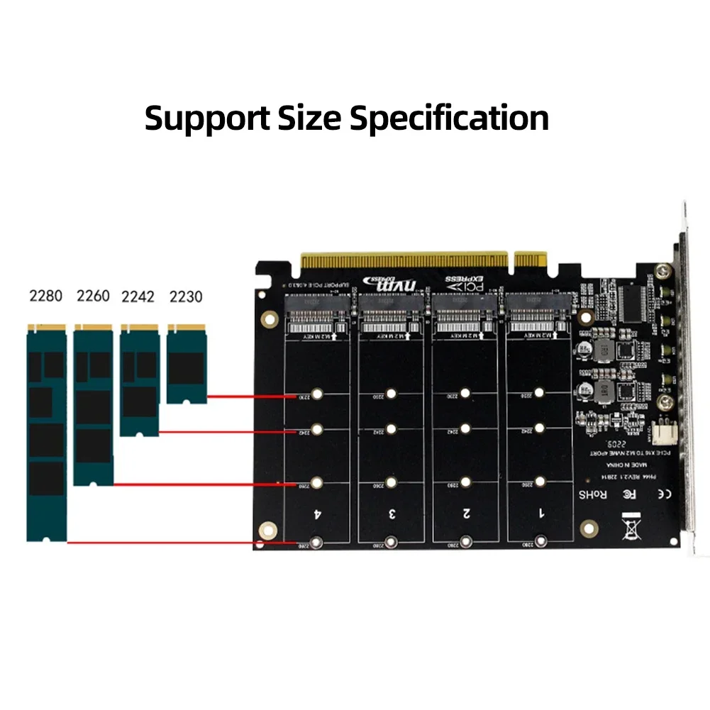 2230/2242/2260/2280 Host Controller Expansion Card LED Indicator 4 Port M.2 NVME SSD To PCIE X16 Adapter Converter Card Support
