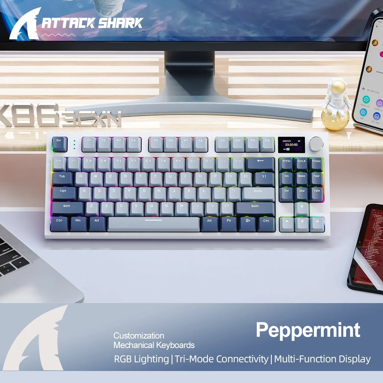 K86 Teclado Mecânico Hot-Swappable Sem Fio Bluetooth/2.4g Com Tela de Exibição e Botão Rotativo de Volume para Jogos e Trabalho