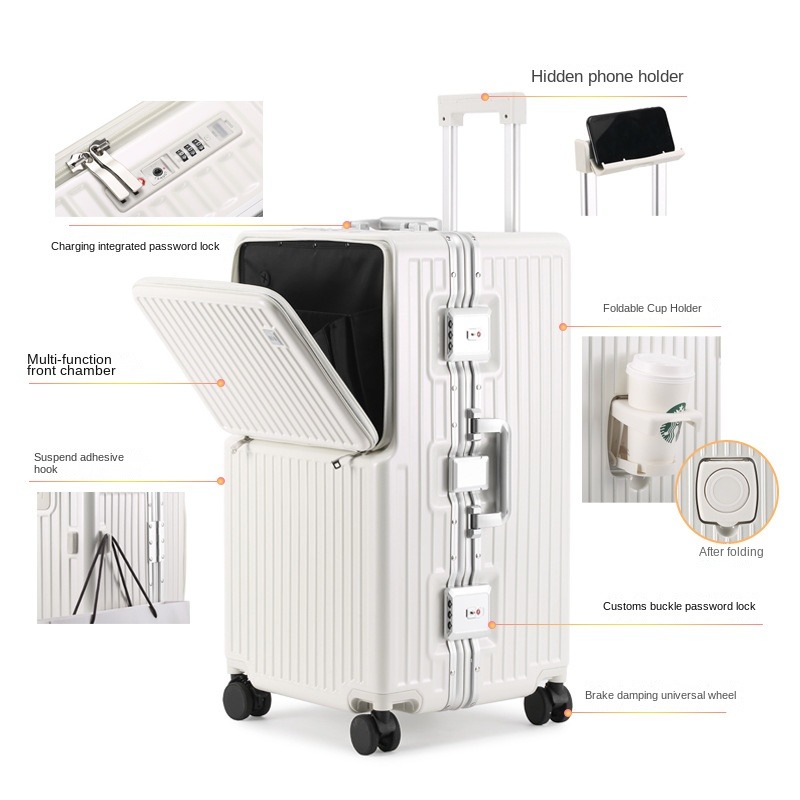 Bagagem de grande capacidade com moldura de alumínio Mala de viagem, Trolley Case com porta-copos, 26 28 32"