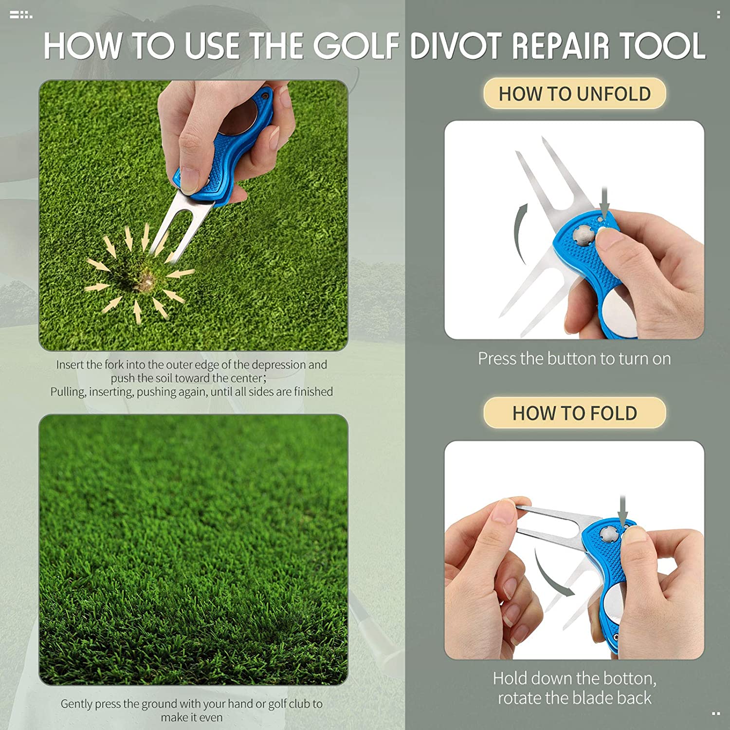 Foldable Golf Divot Repair Tool with Golf Ball Tool Pitch Groove Cleaner Golf Accessories Putting Green Fork Golf Training Aids