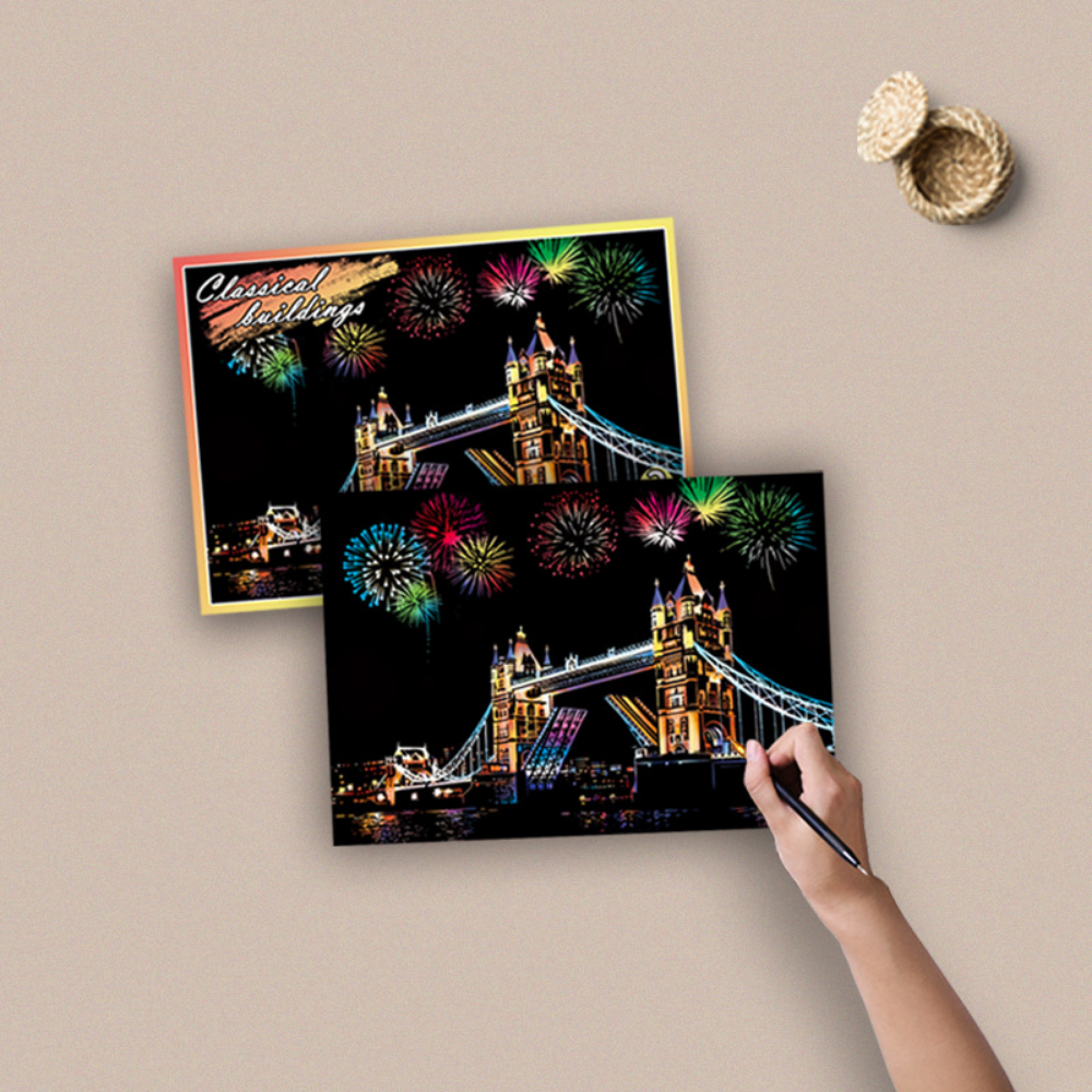 4Pcs 어린이 DIY 밤 장면 아트 스크래치 그림 장난감 도시 건물 풍경 어린이 교육 장난감 생일 선물 룸 장식