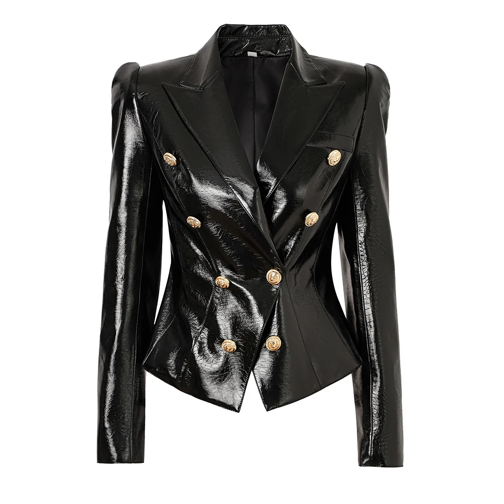2024 neueste Design soomth pu Leder schwarz Qualität Blazer Zweireiher Knöpfe Frauen Mode Jacken
