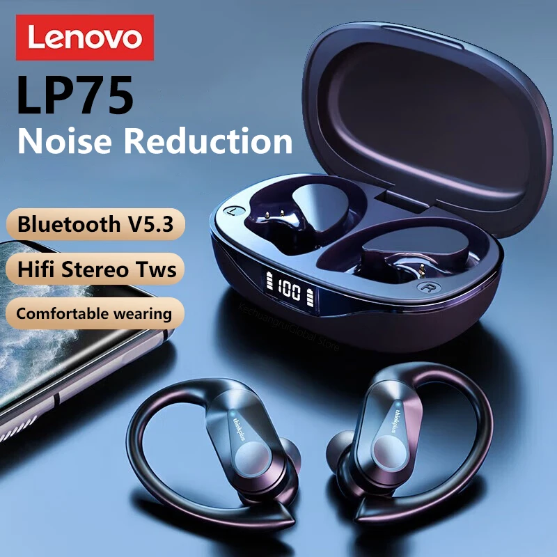 Lenovo LP75 TWS Беспроводные Bluetooth V5.3 Наушники IPX5 Цифровой дисплей Наушники-крючки Hi-Fi Стерео Наушники с шумоподавлением