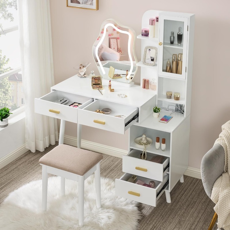 Vanity with Lighted Mirror Vanity Desk with Mirror and Lights Girls Vanity with Power Outlet Stool Drawers Shelves Charging
