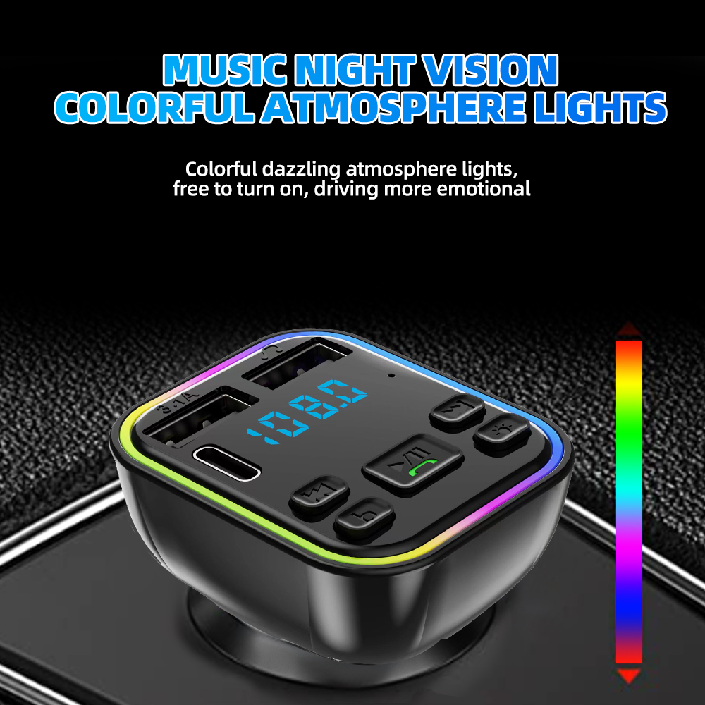 Автомобильный Bluetooth 5,0 FM-передатчик PD Type-C Dual USB 3.1A Быстрое зарядное устройство Красочный окружающий свет Громкая связь MP3-модулятор Плеер