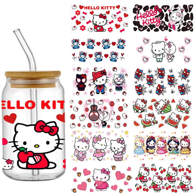 Dibujos animados Hello Kitty 16OZ UV DTF taza envolturas pegatina de transferencia pegatinas de transferencia impermeables para pegatinas de envoltura de taza de vidrio de 16oz