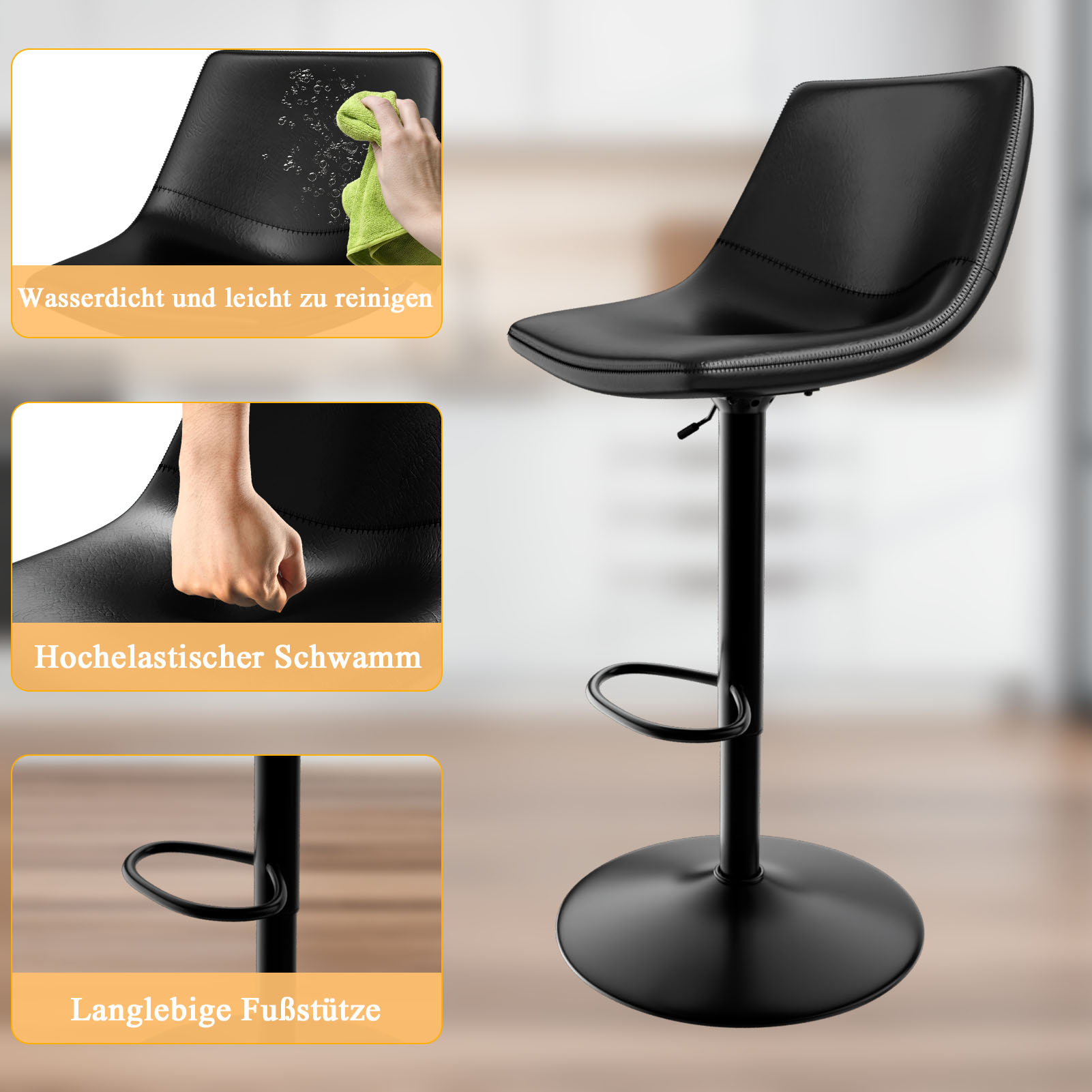 Juego de 2 taburetes de bar, silla de bar para isla de cocina con asiento de cuero PU, taburete de cocina giratorio para encimera de cocina