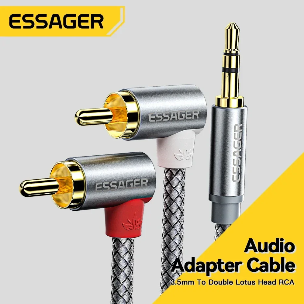 Essager 90 °   Cable estéreo de Audio RCA en ángulo, conector de 3,5mm a 2RCA, adaptador macho divisor para amplificadores, Cable de Audio para cine en casa