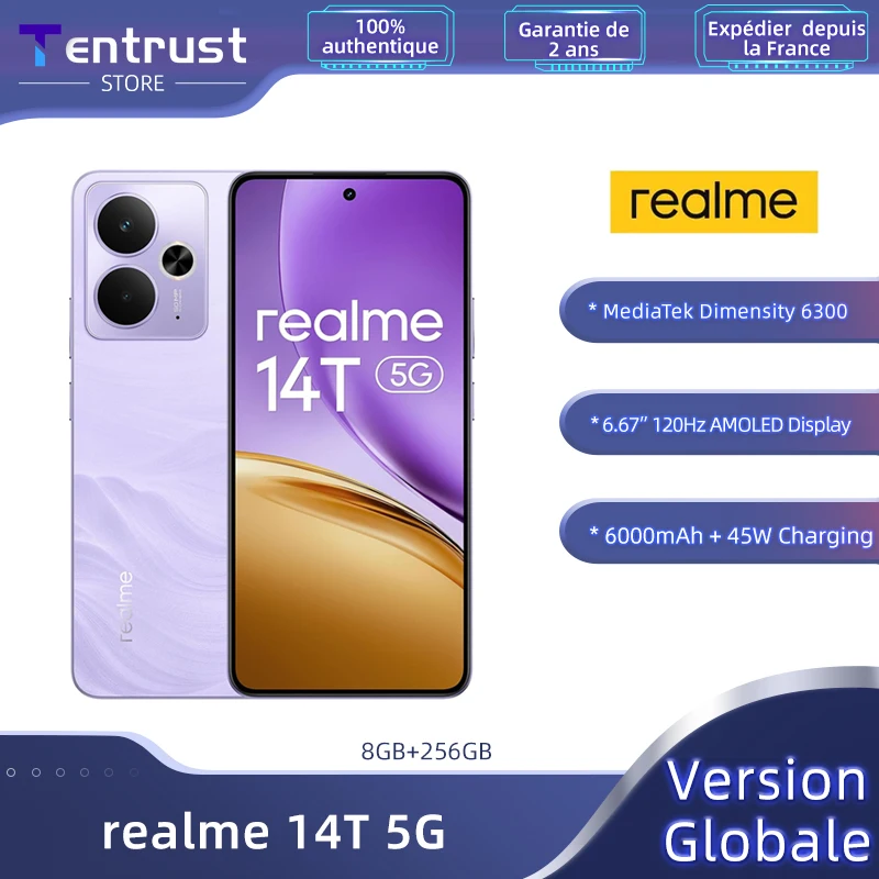 Versione globale realme 14T 5G Smartphone MediaTek Dimensity 6300 Display OLED da 6,67” Batteria 6000mAh Next AI Resistenza all'acqua IP69