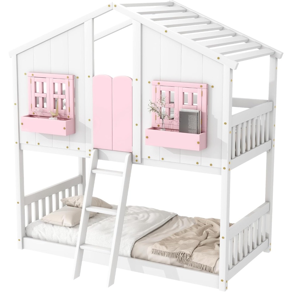Floor House Bunk Bed with Roof and Window,Built-in Storage Box,Wooden Guardrails with Door/Ladder,Low Bunker Bed Twin Over Twin