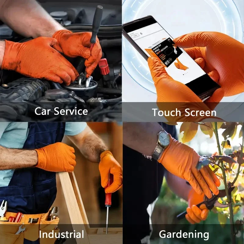 Multi-purpose Orange Nitrile Gloves Industrial Disposable Non-slip Gloves With Diamond Textured Grip For Mechanic Work Gloves