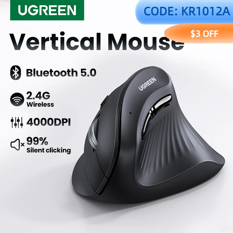 UGREEN вертикальная мышь беспроводная Bluetooth5.0 2,4G эргономичная 4000DPI 6 бесшумных кнопок для MacBook, планшетов, ноутбуков, компьютеров, ПК, мышей